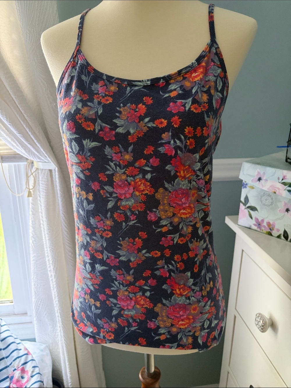 Floral Spaghetti Strap Tank Top - Navy with Pink & Orange Flowers